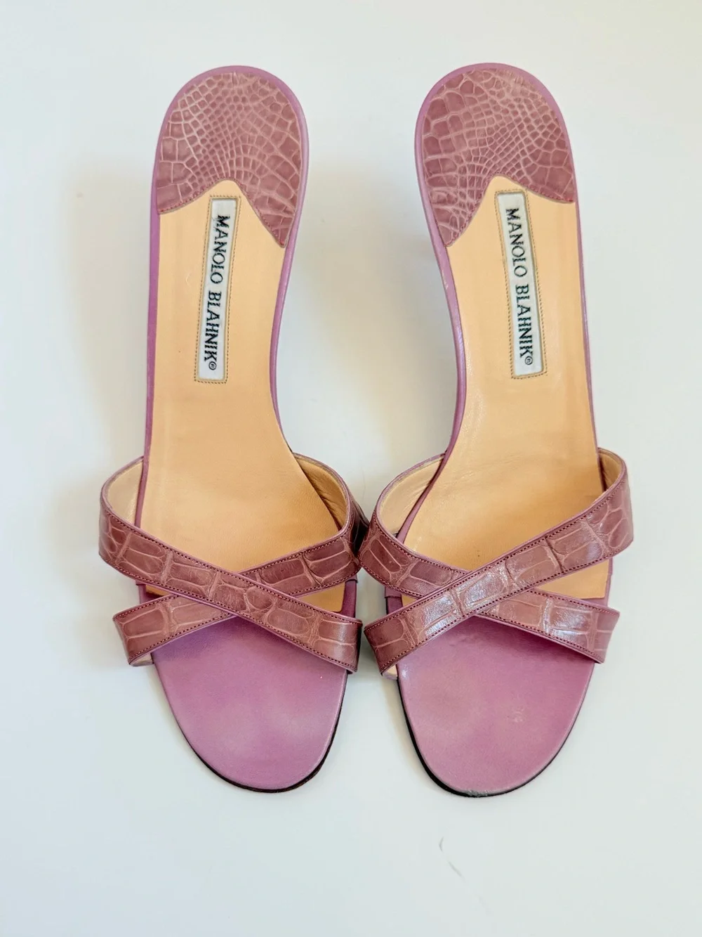 Manolo Blahnik Callamu Lilac Pink Crocodile Leather Crisscross Mules Heel 39.5 - Picture 2 of 8